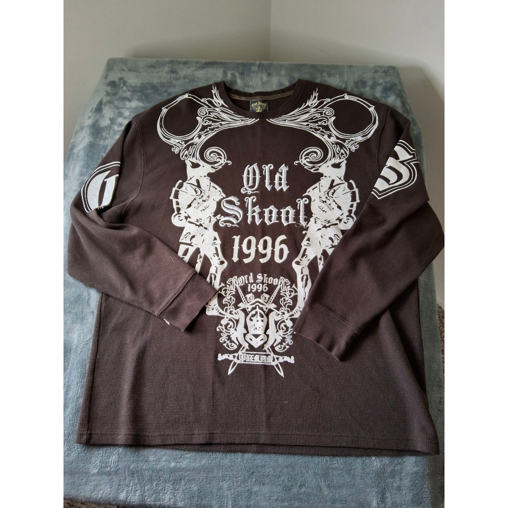 Old Skool 1996 Mens 3XL Brown Waffle Thermal Graphic‎ Shirt Urban Legend Y2K